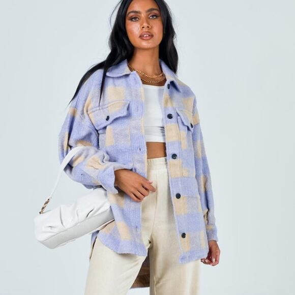 Princess Polly Jackets & Blazers - Princess Polly Women’s Keelee Jacket Purple & Cream Check Oversized Shacket XS/S